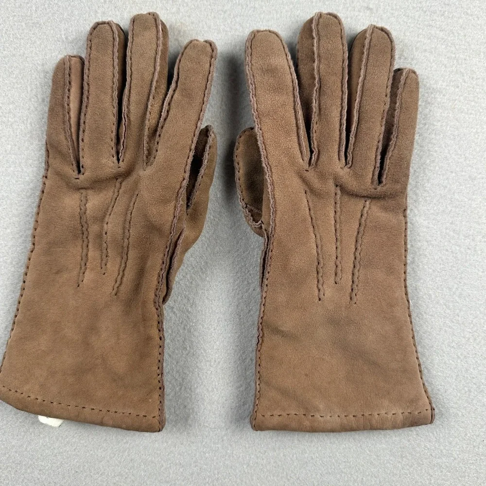 Vintage 90s Lauer Womens Brown Suede Leather Gloves Wool Cotton Knit Lined  M